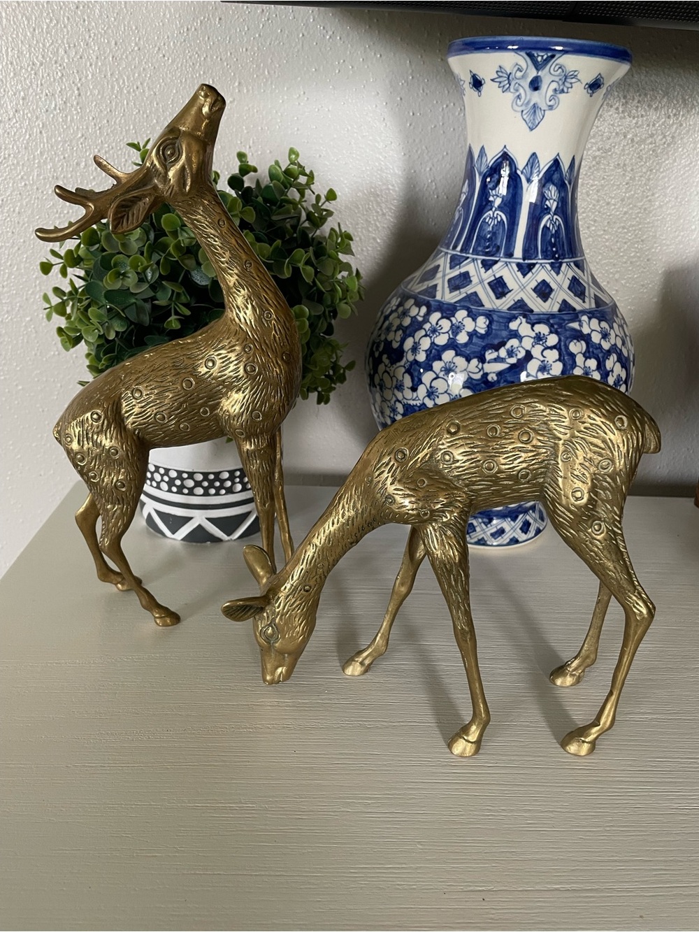 Vintage heavy brass large spotted deer figurines set buck and doe